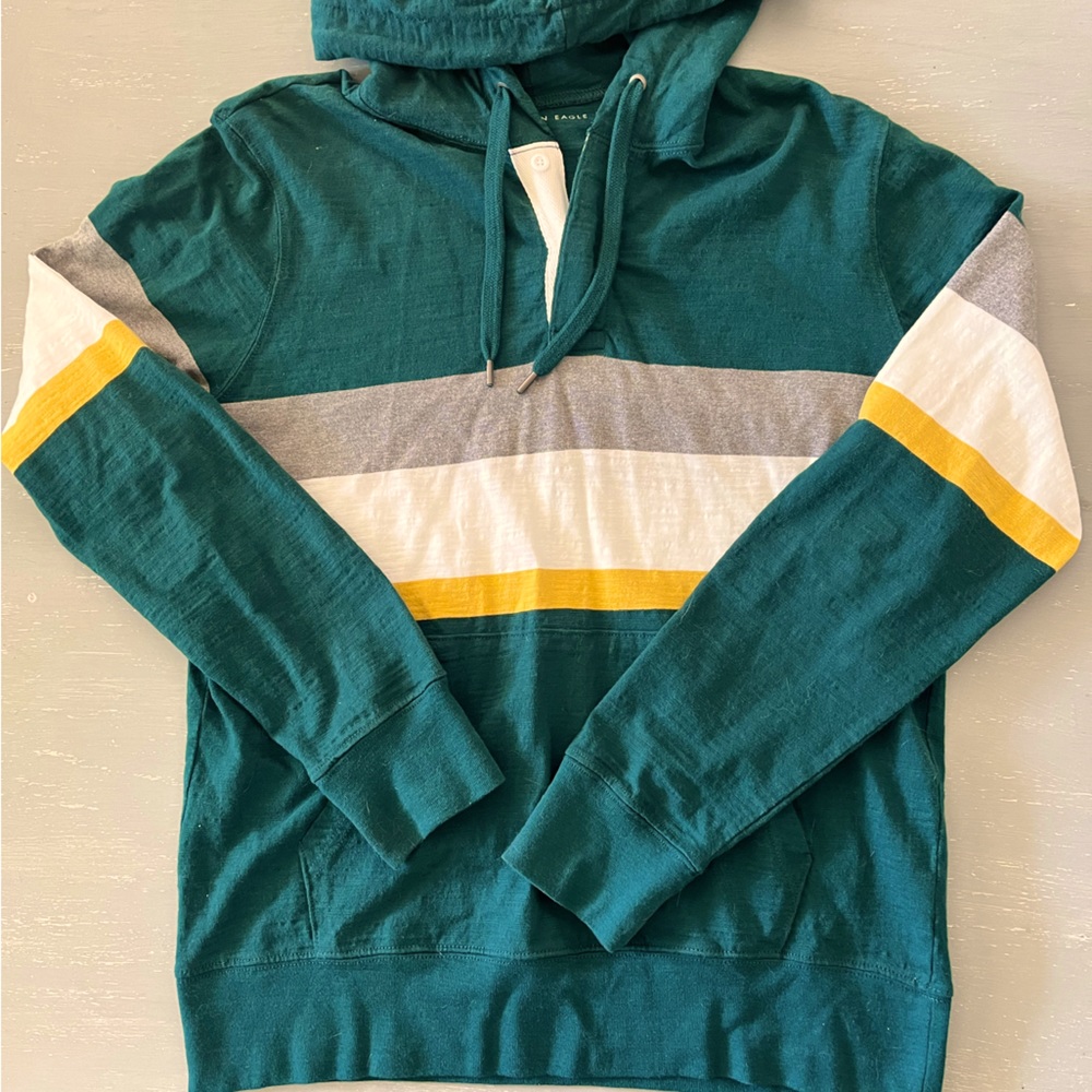 American Eagle Outfitters Teal Hoodie with Yellow and White Stripes